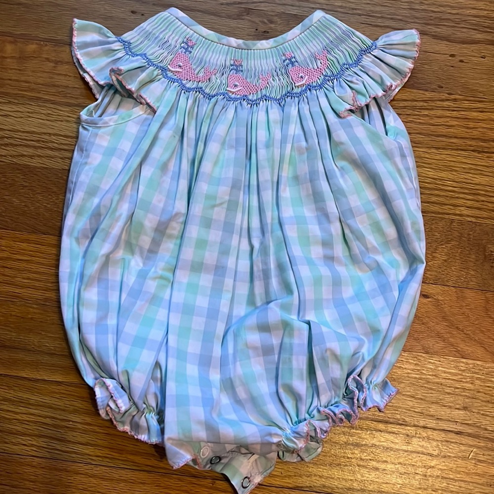 Whale smocked bubble suit